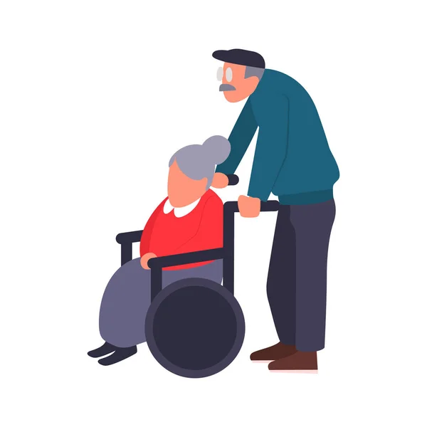 Ouder paar op een wandeling. Zorg voor een gehandicapte persoon. Oude man draagt een bejaarde vrouw in een rolstoel. Cartoon vectorillustratie van senior paar. — Stockvector