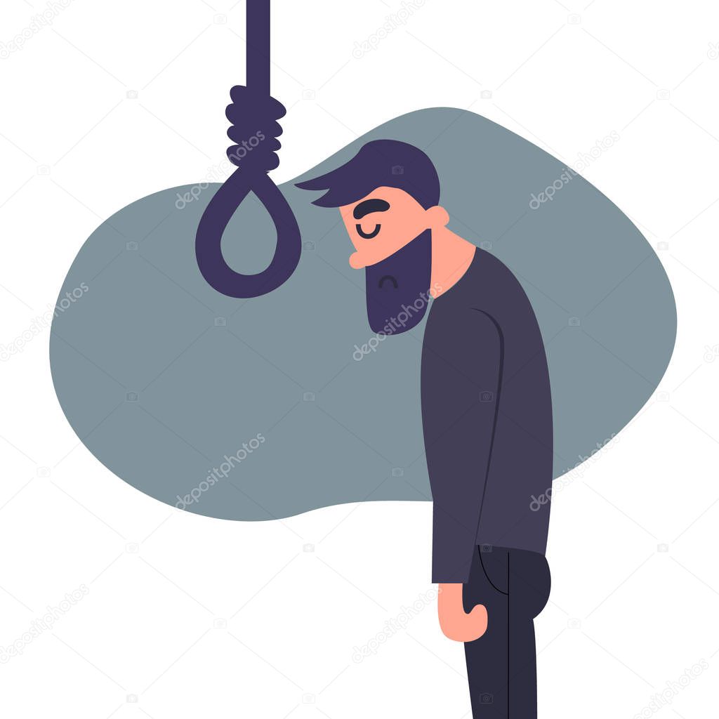 Cartoon flat despairing man wants to hang himself. Depressed young man wants to commit suicide. Mental anxiety concept