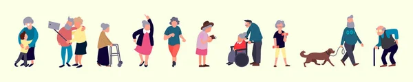 Multitud de personas mayores. Actividades al aire libre senior. Viejos y ancianas caminando. Concepto de actividades de recreo y ocio para personas mayores — Archivo Imágenes Vectoriales