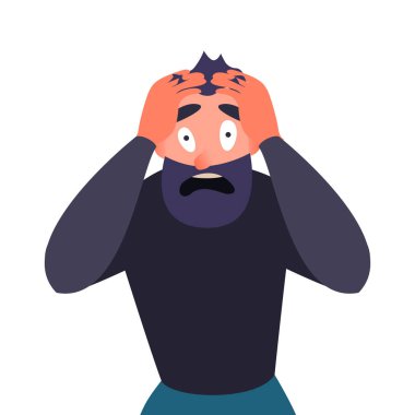 Panik atak, dehşete adam. Çizgi film karakteri çığlıklar korku ve clings kafasına. Migren, baş ağrısı ruh sağlığı sorunları olan adam.