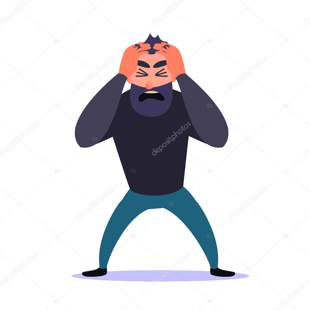 Frustrated man clings to his head and screams. Guy Anxiety disorder. Mental health problems, panic attack and headache, Cartoon character terrified, nervous depressed