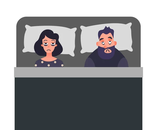 Tired man and women on the bed can not sleep. Stress people cartoon characters. Sleepless Insomnia concept art. Unhappy family. Mental disorder. — Stock Photo, Image