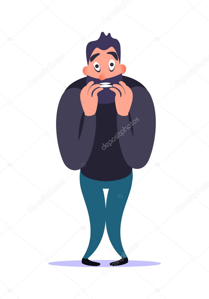 Stressful nervous bearded cartoon man bites nail with fear and concern, demonstrates his anxiety disorder. Mental ill concept. Male character tension and afraid. Psychology problems.