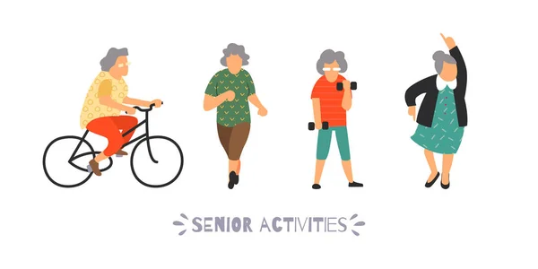 Un grupo de ancianos va a hacer deporte. Set de actividades al aire libre senior. Concepto de recreación y ocio para personas mayores. Ilustración vectorial plana — Vector de stock