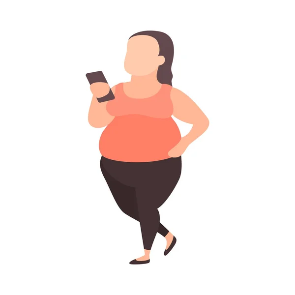 Fiatal plus size lány smartphone. Tinédzser túlsúly elleni küzdelem. Kövér lány a Sportruházat. Tizenéves tömeg problémák vagy a szervezet pozitív fogalma — Stock Vector