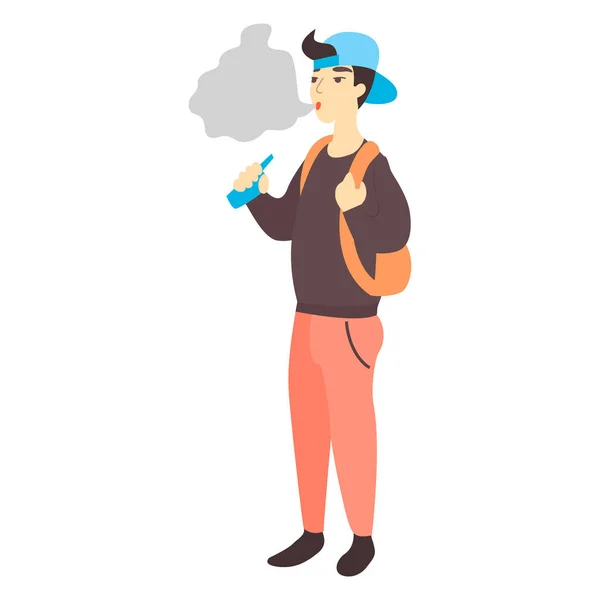 Teenager holding vape or vaporizer. Teen smokes electronic cigarette. Bad habits and nicotine addiction concept. Teenage problems. — Stock Vector