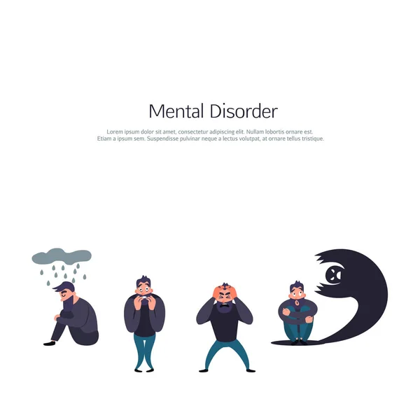 Ομάδα ανθρώπων με ψυχολογία ή ψυχιατρικό πρόβλημα. Ασθένειας άνδρες σε αγχώδη διαταραχή. Φοβία, αυτοκτονία, φόβο και άλλες εικονογράφηση διάνυσμα ψυχική διαταραχή — Διανυσματικό Αρχείο