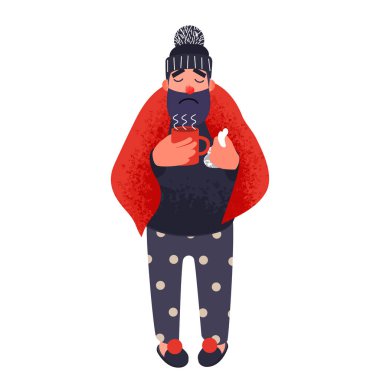 Bir fincan sıcak çay sosisli soğuk adam tutar.