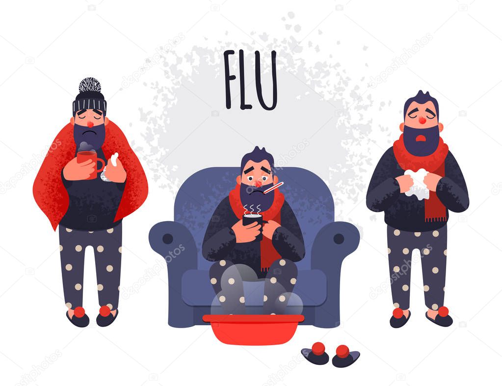 Set of people having cold. Flu sick concept