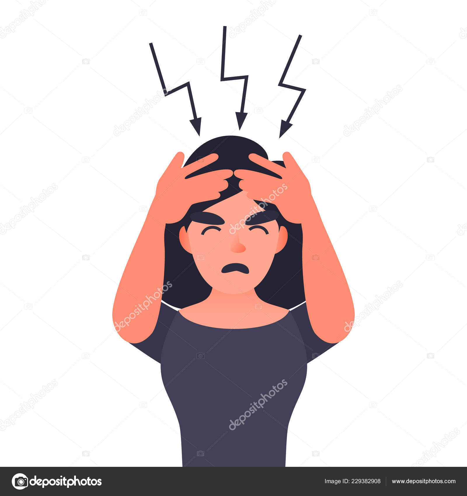 Frustrated woman with headache. Cartoon female character with migraines. Young girl pressing hand to her forehead Stock Photo by ©@ 229382908 Frustrated woman with headache. Cartoon female character with migraines. Young girl pressing hand to her forehead Stock Photo by ©@ 229382908