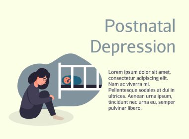 Doğum sonrası depresyon afiş broşürü tasarımı. Depresyondaki genç kadın. Genç, yorgun bir anne ağlayan bir bebek için uygun değil ve kendini suçlu hissediyor. Düz Çizim