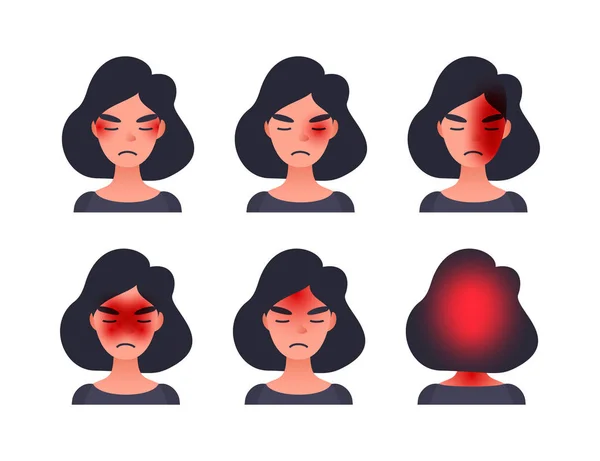 Set di tipi di mal di testa su diverse aree della testa del paziente. Donna con grappolo tession e altri tipi di testa di emicrania. — Foto Stock