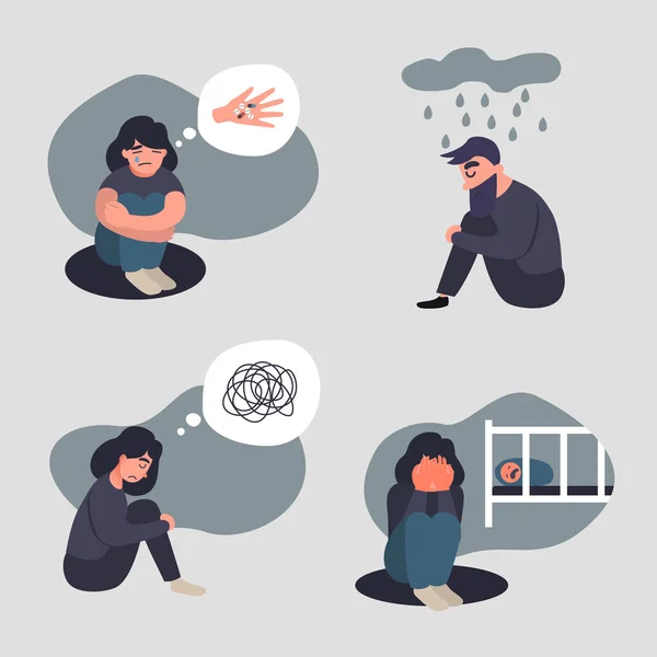 Set of depressed axiety people. Group of persons with psychology or psychiatric problem. Illness men in anxiety disorder. Suicide, postnatal depression and other mental disorder illustration — Stock Photo, Image