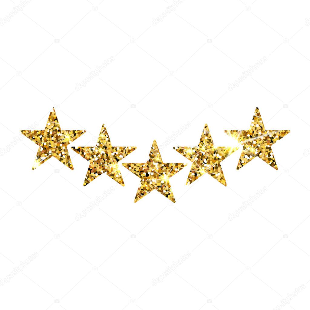 Five gold stars customer product rating review. 5 golden stars icon for apps and websites