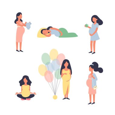 Hamile bir kadın. Hamilelik vektör illüstrasyonu ayarlandı. Yoga, yürüyüş, uyku, bebek partisi ve diğer durumlar. Karakter vektör tasarımı