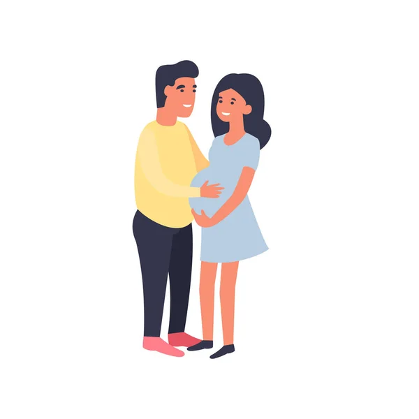 Mutlu bir çift. Adam hamile kadına sarılıp karnına dokunuyor. Hamilelik ve annelik. Beyaz arkaplanda izole edilmiş şirin düz çizgi film karakterleri. — Stok Vektör