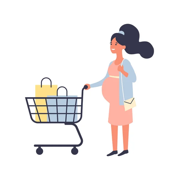 Gravid kvinna med kundvagn gör inköp i snabbköpet. Shopping och Graviditet koncept. Platt vektor illustration. — Stock vektor