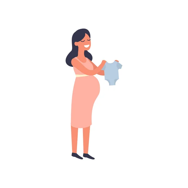 Mujer embarazada feliz eligiendo trajes de bebé azul en la tienda de ropa. Concepto de compra del embarazo. Ilustración vectorial plana — Vector de stock