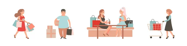 Shopoholister. Shopping vektor illustration set. Man och kvinna med väskor, vagn. Tecknad vektor karaktär köpa på köpcentret — Stock vektor