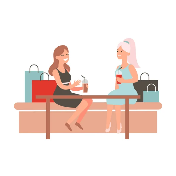 Amici felici che discutono di acquisti in mensa. Le donne si siedono a tavola in caffè e chat. Concetto shopaholic femminile art. Cartoon vector character design — Vettoriale Stock