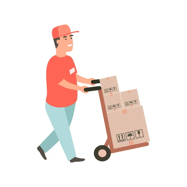 Delivery guy pushing a hand truck with purchases. — Stock Vector