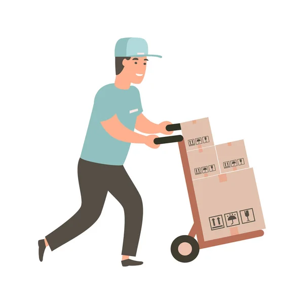 Levering man duwen een hand truck met aankopen. — Stockvector