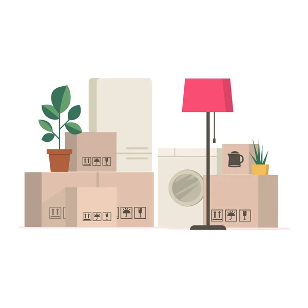 Caixas de papelão e outras coisas movendo-se para uma nova casa — Vetor de Stock