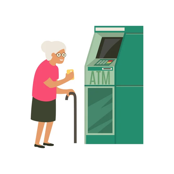 Senior retirando dinero de la tarjeta de crédito en el cajero automático . — Archivo Imágenes Vectoriales