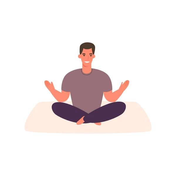 Dibujos animados hombre feliz practicando yoga en pose relajada . — Vector de stock