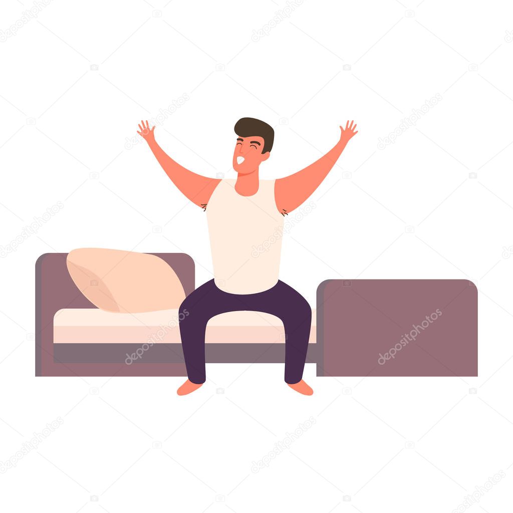 lazy man happy waking up in the bed rising hands