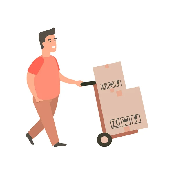 Delivery guy pushing a hand truck with purchases.