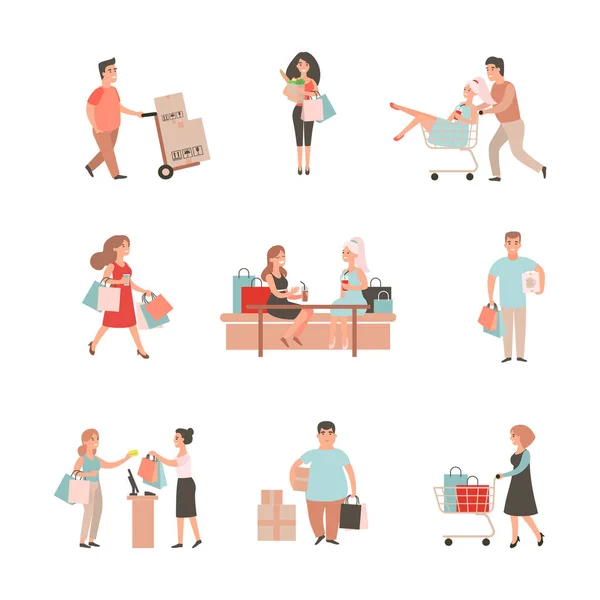 Shopaholic människor. Shopping illustration uppsättning. Man och kvinna med väskor, Cart. Tecknad karaktär inköp på mall — Stockfoto