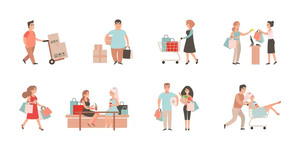 Shopaholic människor. Shopping illustration uppsättning. Man och kvinna med väskor, Cart. Tecknad karaktär inköp på mall — Stockfoto