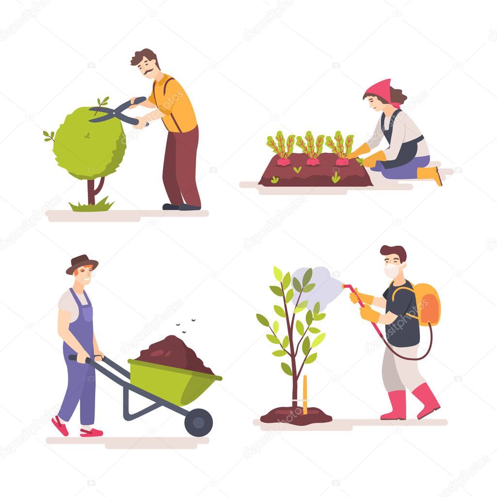 Cartoon people doing gardening job. Set of farmers