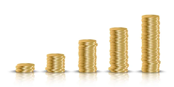 Wykres dochodu złoty realistyczna moneta. stos pieniędzy 3D — Wektor stockowy