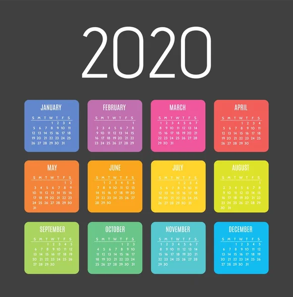 Calendar for 2020 years. Week starts from Sunday. — 스톡 벡터