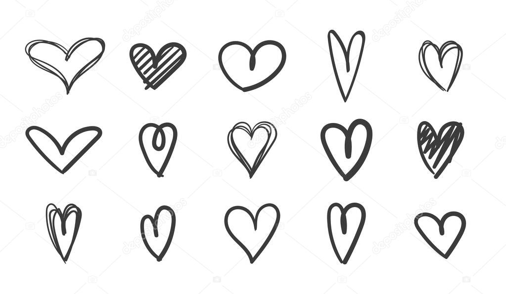 Heand drawn heart icon set. Black heart sketch art