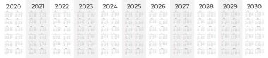 Basit takvim 2020 - 2030 yıl için ayarlandı. Basit düzenlenebilir dikey vektör takvimi