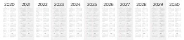 Simple calendar set for 2020 - 2030 years. Simple editable vertical vector calender clipart