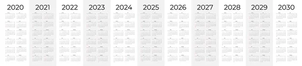 Basit takvim 2020 - 2030 yıl için ayarlandı. Basit düzenlenebilir dikey vektör takvimi