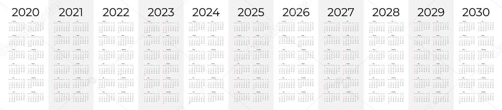 Simple calendar set for 2020 - 2030 years. Simple editable vertical vector calender Vector Graphics