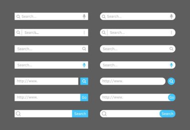 Arama barı. İnternet sitesi ui bar seti. Web sitesi, uygulama, ui ve logo aranıyor. Web sitesi gezintisi için düğmeli vektör arama şekli.