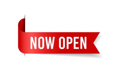 Şimdi etiketi aç. Parlak kırmızı kurdele. Vektör büyük açılış broşürü.