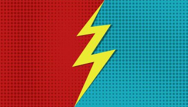 Çizgi roman süper kahraman geçmişine karşı. Vektör karikatür VS yarım ton cıvata şablonu