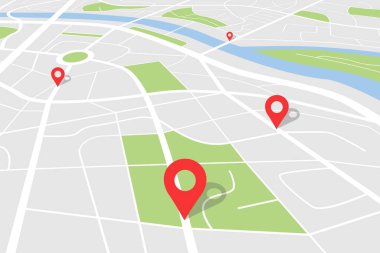 Konumu olan şehir haritası. Rotası GPS olan vektör kasaba planı. Harita arkaplan kırmızı navigasyon işaretçileri