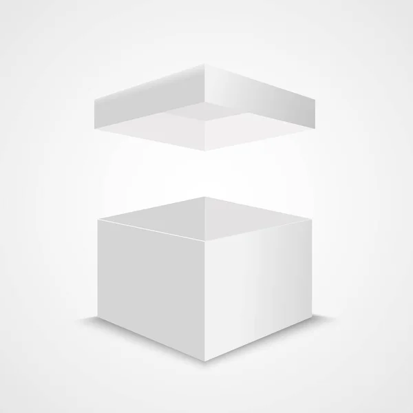 Λευκό ανοιχτό κουτί mock up. Ρεαλιστικός διανυσματικός κύβος από χαρτόνι με καπάκι πτήσης. Κενό πακέτο έκπληξη κενό κουτί — Διανυσματικό Αρχείο
