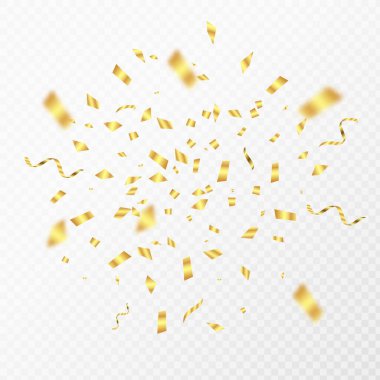 Altın konfeti. Altın 3D parti parlak uçan parçacıklar. Broşür tebrik kartı afişleri için vektör düşüren karnaval dekorasyonu
