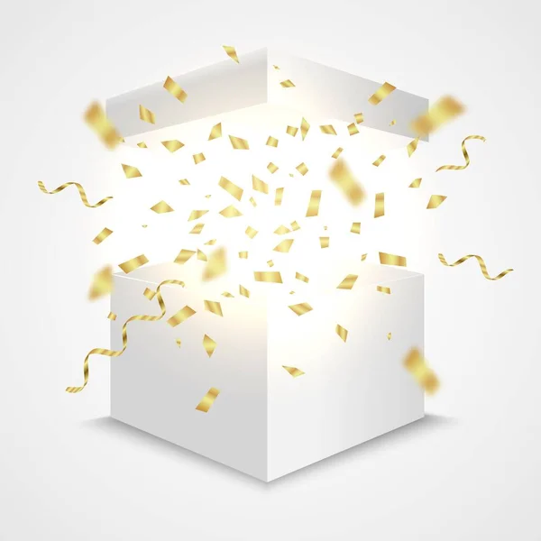 Открытая коробка с золотыми конфетти. Концепция сюрпризов. Векторный реалистичный контейнер — стоковый вектор
