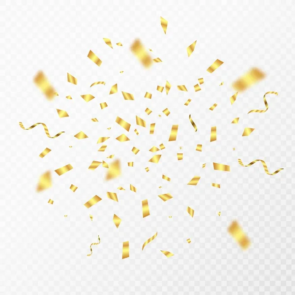 Des confettis dorés. Gold 3D parti brillant particules volantes. Décoration de carnaval à chute vectorielle pour bannières de cartes de voeux — Image vectorielle
