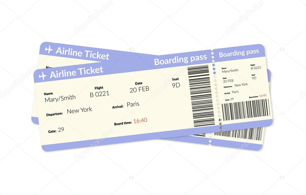 Airplane tickets. Air plane flight boarding pass.